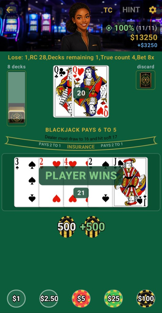 Play mode at the table with running count, true count, and strategy feedback